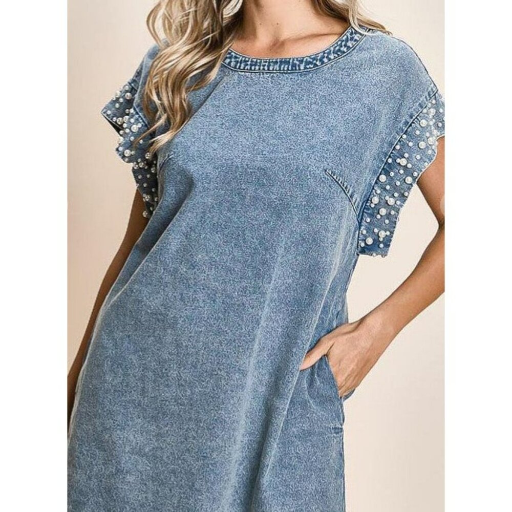 LALA Factory Ladies Denim Dress with Pearl and Stud details Size Large - Picture 6 of 13